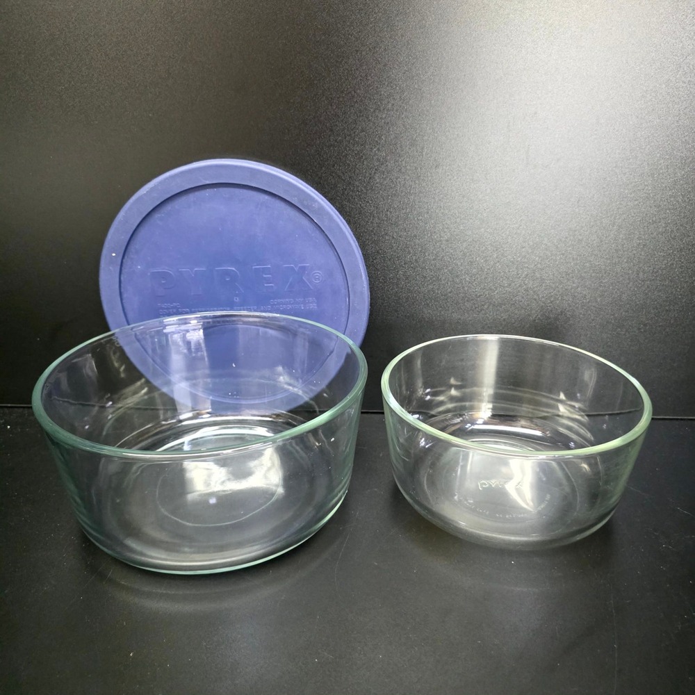 Pyrex Storage Bowls 7 Cup 4 Cup Clear Blue Round Glass Food Containers Lid 8575